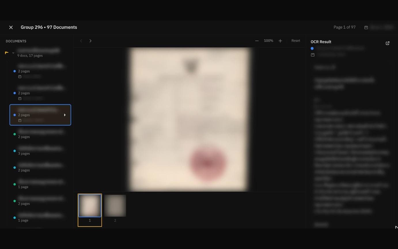 Document viewer with an organisation's documents in date order, the scan and its OCR text, all redacted